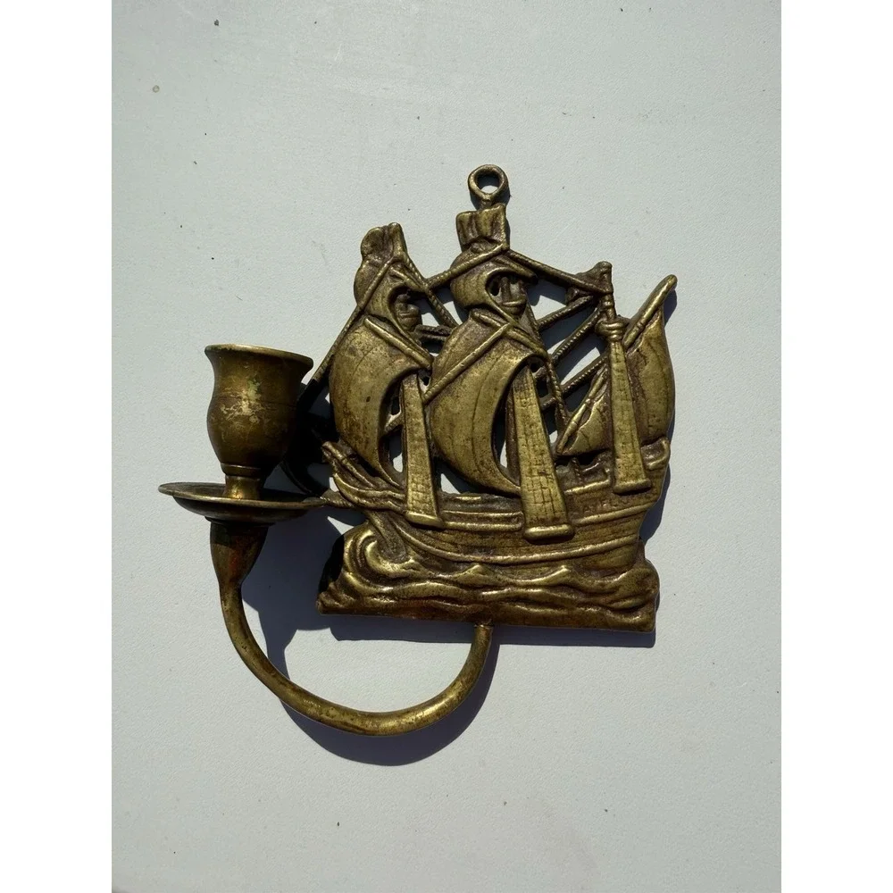 Vintage Brass Hanging Ship‎ Plaque Candle Holder Nautical